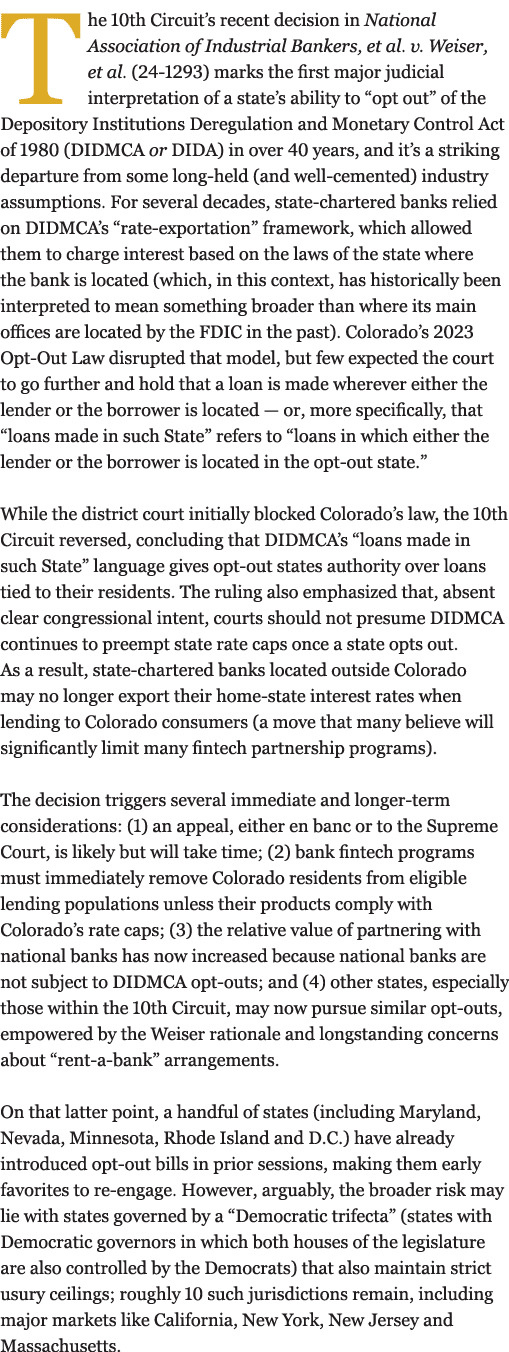 The 10th Circuit’s recent decision in National Association of Industrial Bankers, et al. v. Weiser, et al. (24 1293) ...