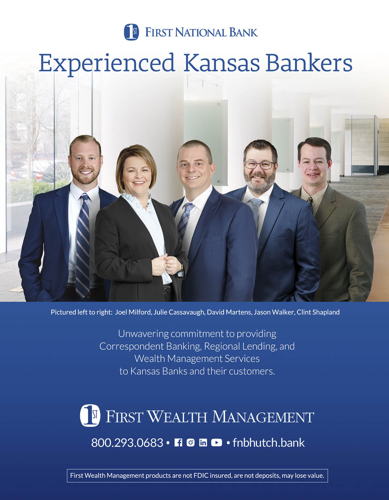 A group of five people are shown on a poster advertising First National Bank. AI generated content